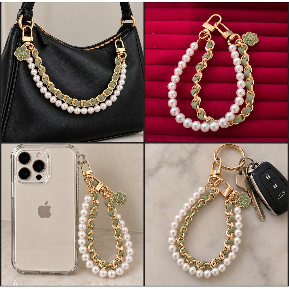 Pearl and Sage Green Chain Phone Charm Bag Charm Keychain 10 Inch Accessory